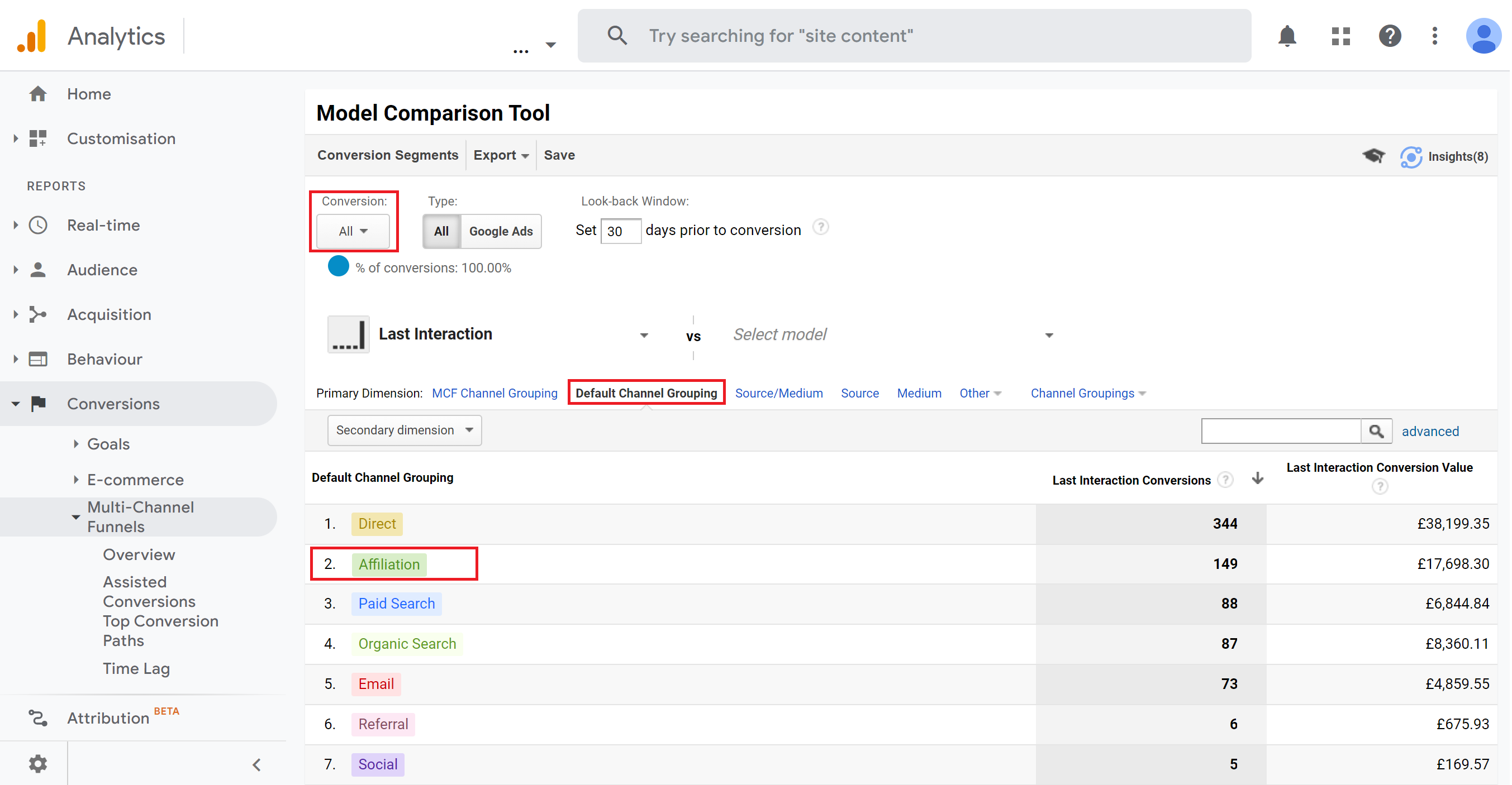how to compare google analytics default channel grouping views
